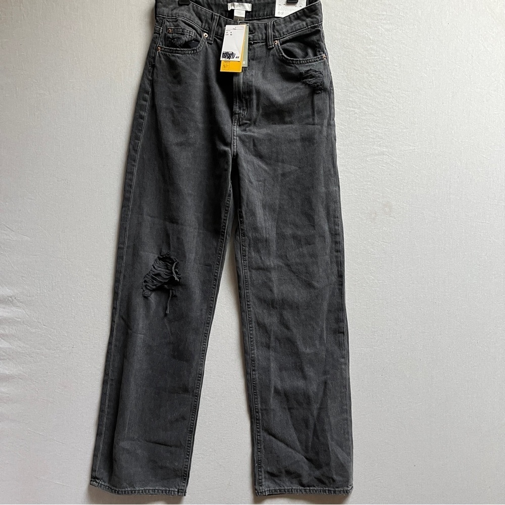 NWT H&M Black Distressed High Waisted Wide Leg Jeans Sz 8